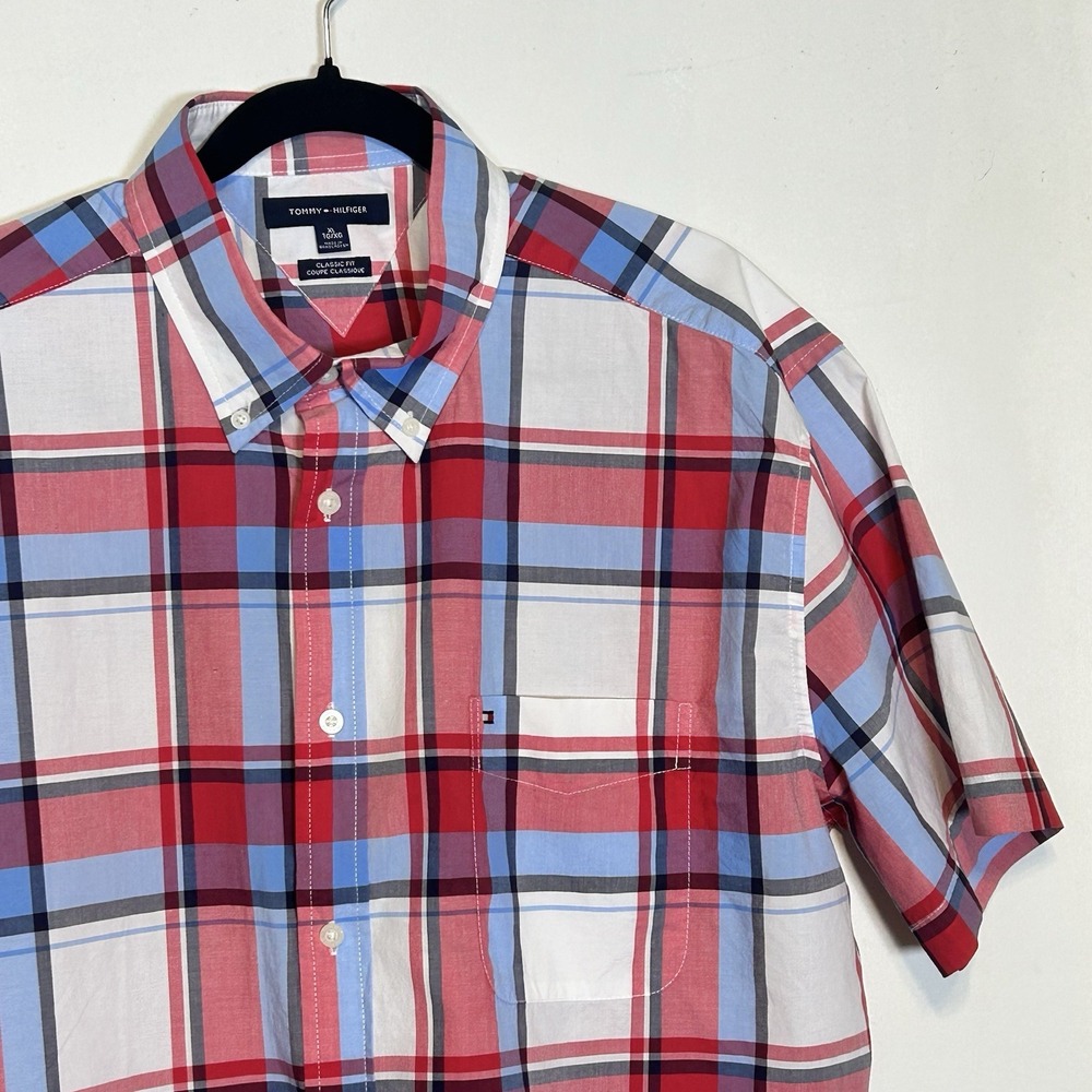 Tommy Hilfiger Men's Short Sleeve Button-Up Red White Blue Plaid XL‎ 100 Cotton